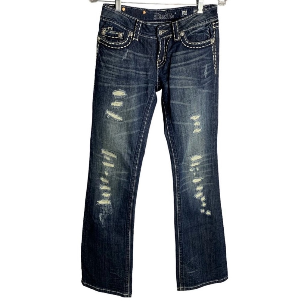 Miss Me JE5152B14L Boot Low Rise Jeans 26 Dark Wash Distressed Embroidery Stitch